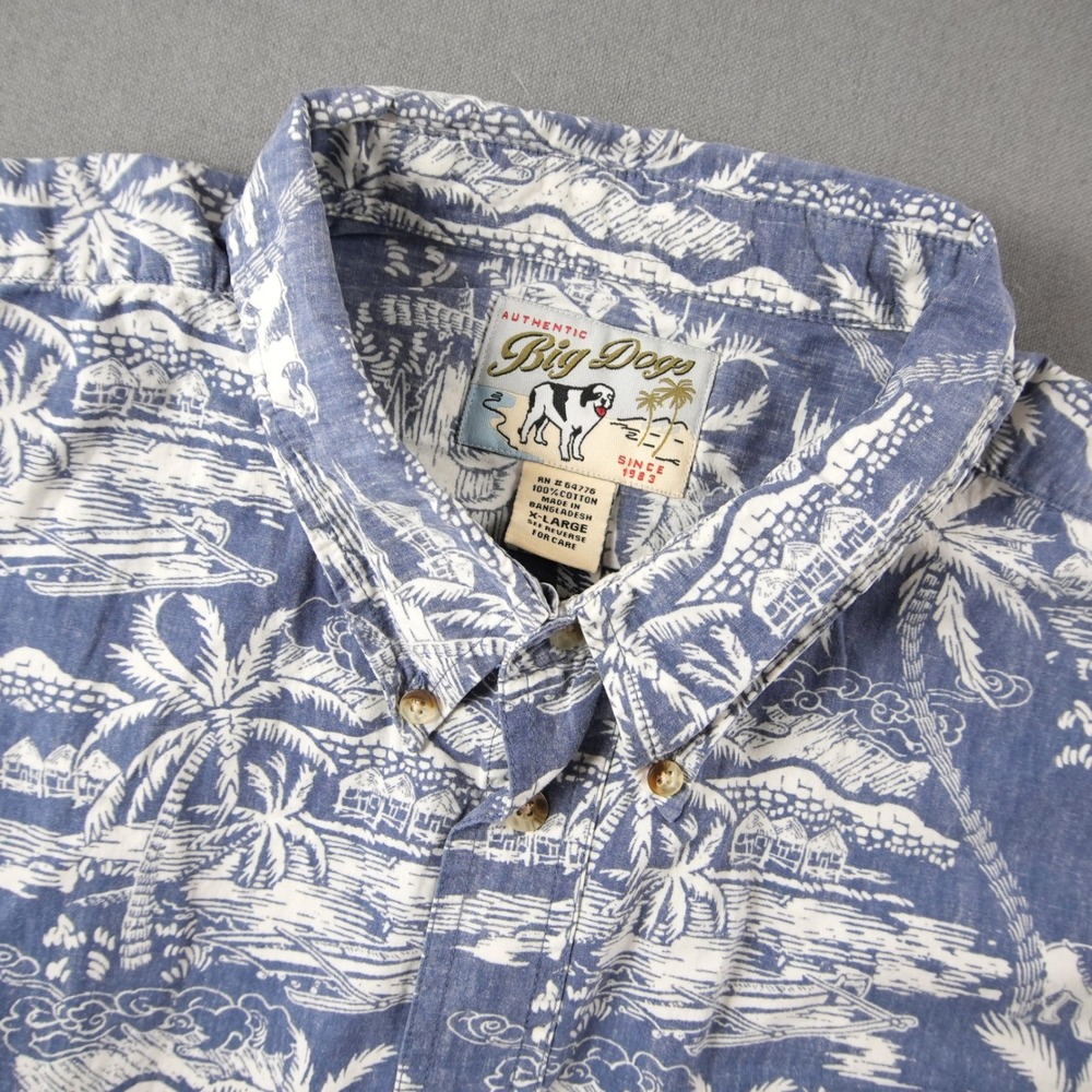 90s Big Dogs Reverse Print Hawaiian Palm Tree Button Down Shirt Mens XL Tropical